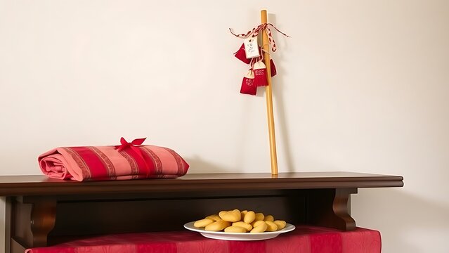 Bamboo pole with red white bunting and prize bags, festive mantle arrangement.