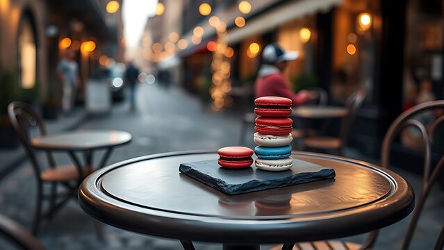 Red white and blue macarons on slate board, Bastille Day French celebration concept.
