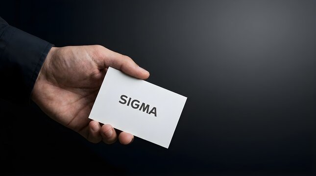 Hand holding a professional business card featuring the word sigma in bold typography against dark background