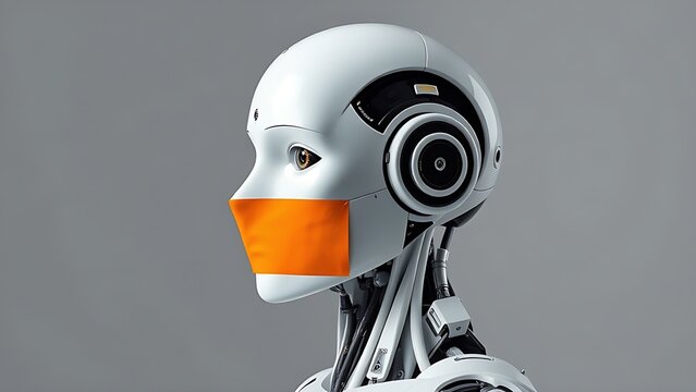 AI hallucination concept: white humanoid robot profile with orange caution tape across mouth on neutral background.
