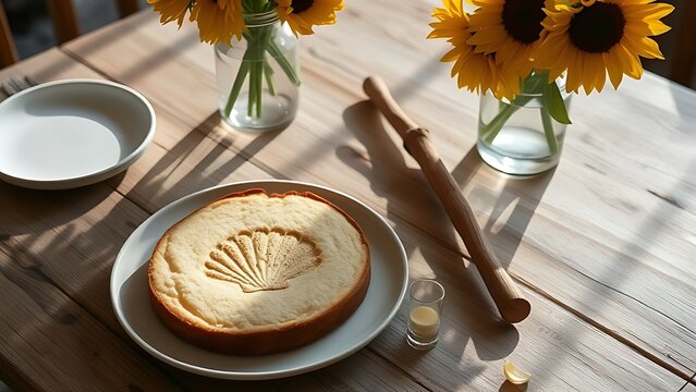 St James Day Spain: almond cake with shell stencil, walking stick and sunflowers, Camino de Santiago concept