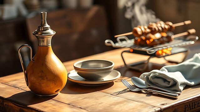 Traditional mate gourd and bombilla beside a parrilla grill with meat skewers, rustic table setting, Argentine asado concept.