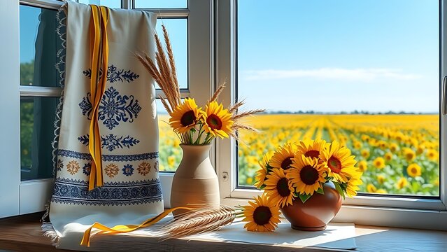Embroidered rushnyk and wheat sheaf with sunflowers on windowsill, Ukrainian harvest tradition concept.