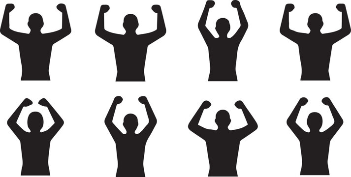 Flexing human silhouettes set, strength victory pose, fitness bodybuilding icon, muscle vector illustration, sports training design pack