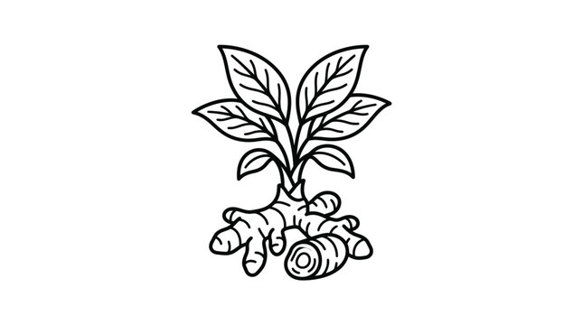 Turmeric root rhizome with green leaves line icon