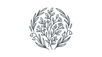 Round botanical line art wreath with various flowers and leaves. © Ucul