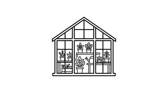 Symmetrical greenhouse line art with shelves and potted plants.