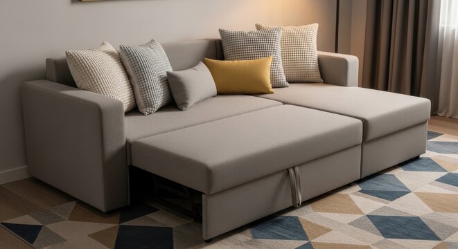 Neutral Beige Convertible Sofa Bed with Pillows Offering Space Saving Functionality for Modern Homes