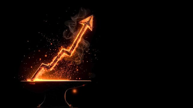 Upward pointing financial growth arrow forged from glowing red hot iron
