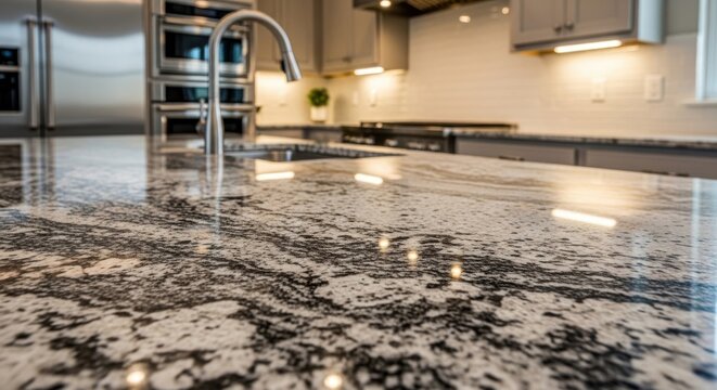 Polished granite kitchen countertop with sink and faucet showcasing intricate natural stone patterns