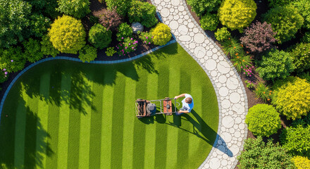 Fototapeta premium Aerial view of a person pushing a lawnmower on a striped green lawn in a beautiful garden, perfect for property maintenance and landscaping concepts