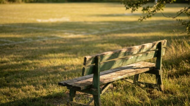 Weathered wooden park bench with peeling green paint located on the sidelines of an empty grass field with white sports markings under warm natural sunlight and shadows.