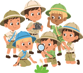 Kids explorers group with magnifying glass and camera, adventure discovery cartoon vector illustration