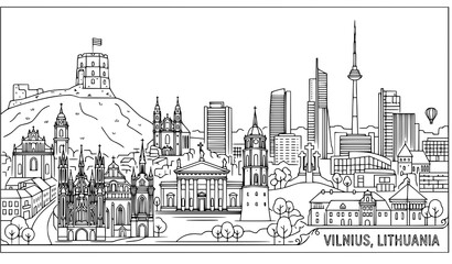 Fototapeta premium Lithuania landmark skyline line art vector travel city illustration
