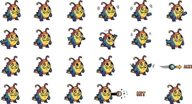 Cartoon monster sprite sheet for game design, cute alien creature character animation frames, 2D fantasy bug mascot vector set