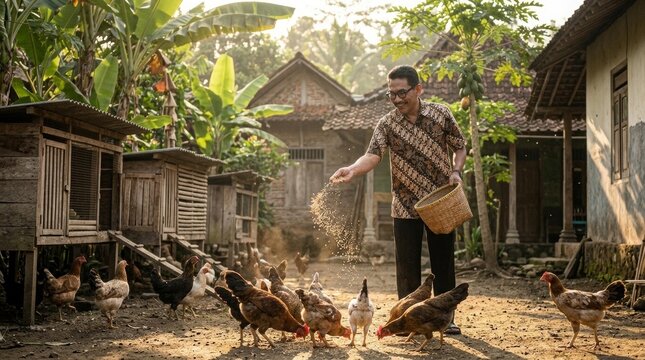Indonesian villager feeding free-range chickens in a peaceful countryside yard with cinematic rural atmosphere and authentic daily life vibes.