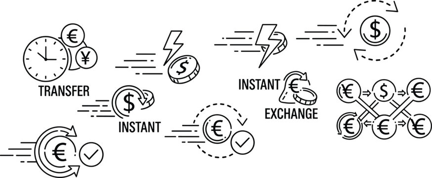 Instant Money Transfer and Exchange Icons Set Featuring Fast, Currency, and Transaction Symbols for Financial Designs