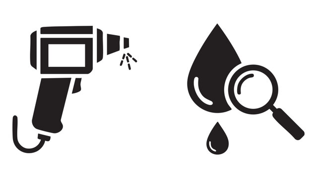 Black icons of a non contact thermometer and oil drop analysis