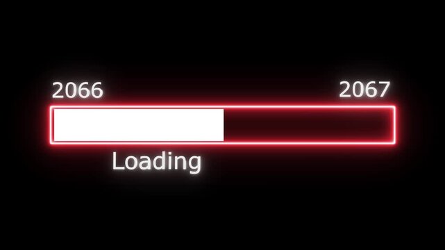 A red neon glowing progress bar indicating a loading process from the year 2066 to 2067 with a partially filled white bar and the word Loading with ellipses