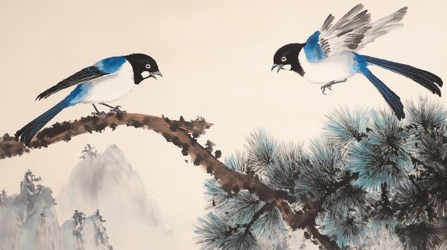 Ink wash vertical two blue white black headed long tail birds perched and flying pine branch dark green needles muted grey mountains light grey sky background
