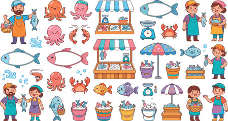 Naklejka premium Cute Seafood Market Vector Collection Featuring Cartoon Fish Vendors, Ocean Creatures, Market Stalls And Kawaii Marine Elements.