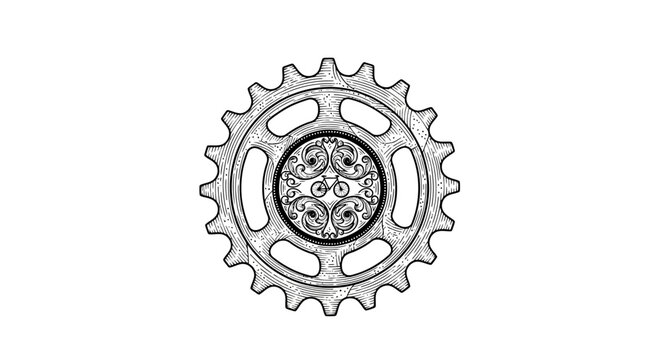 Detailed hand-drawn bicycle gear illustration with intricate decorative pattern, vintage cycling sprocket sketch art
