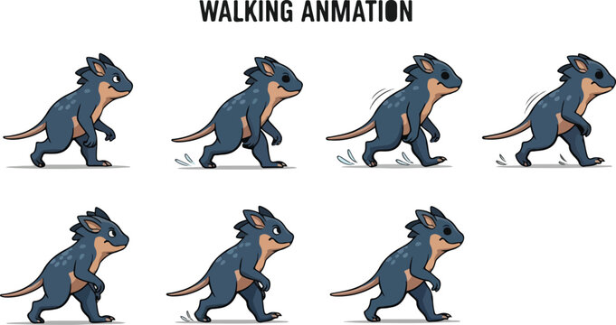Cartoon dinosaur walking animation sprite sheet, cute blue monster character walk cycle frames, prehistoric creature game assets vector