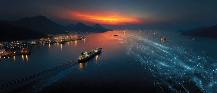 Serene lng tanker at a distant island terminal in open waters. Ai interface. Dynamic details: ocean hues and archipelagic gas storage scene. Digital intelligence. Smart technology.
