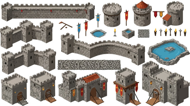 Medieval castle builder kit with stone walls and towers, isometric fortress construction set, ancient citadel architecture elements for game design