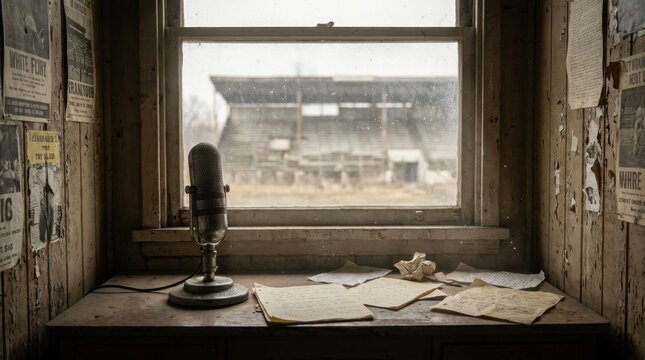 Interior of a vintage weathered wooden announcer booth with an old microphone on a desk, scattered papers, and a view of an empty sports stadium through a window.