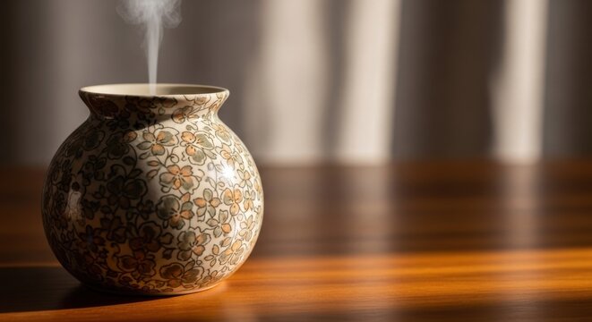 Hand-painted floral ceramic diffuser releasing fragrant vapor on a wooden table in warm light