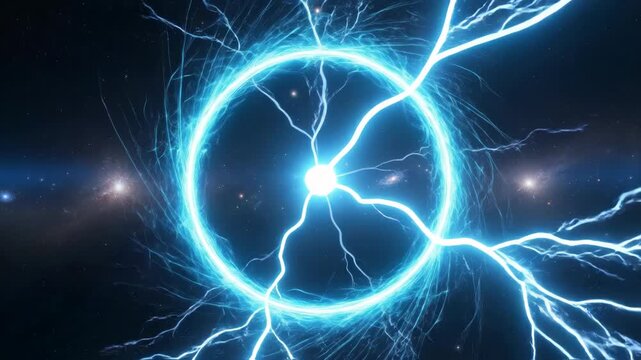 Glowing blue electric ring in space.