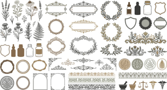 Vintage Botanical Ornament Vector Collection Featuring Herbal Illustrations, Decorative Frames, Apothecary Labels And Elegant Floral Borders.