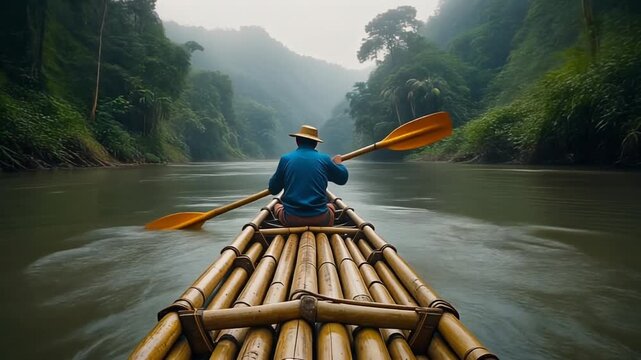 Man Rowing Bamboo Raft through Lush Green River Valley
