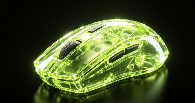 Transparent green glowing glass computer mouse on black background