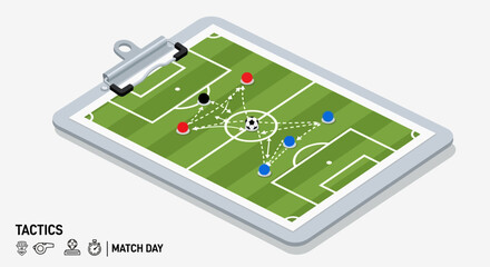 Isometric Soccer Field Tactics Board with Player Formations. © Haroh