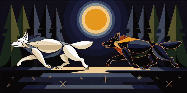 Geometric wolves running under full moon in stylized night forest, abstract duality illustration, modern fantasy animal art