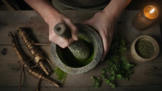 Healing Herbal Medicine Preparation in a Traditional Village Setting