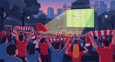 Crowd of fans watching a sports game on a large outdoor screen at night. © Haroh