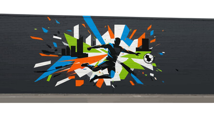 Dynamic soccer player mural with vibrant abstract shapes. © Haroh