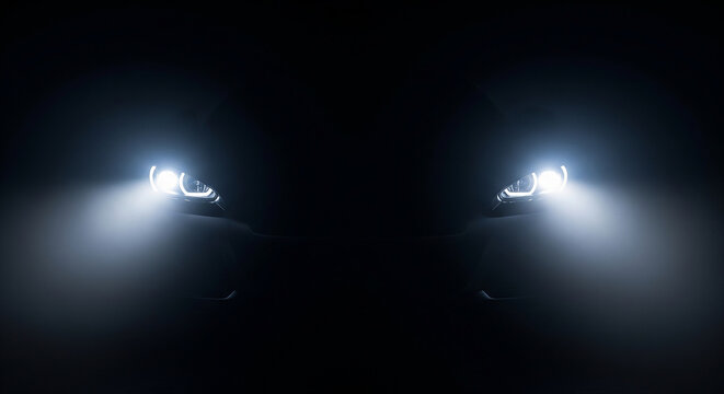 Fierce car headlights glowing intensely in thick dark fog, perfect for sports car teasers, performance, and aggressive auto design concepts