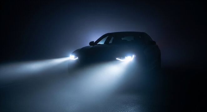 Car headlights illuminating a dark smoky environment, creating a moody atmosphere perfect for luxury auto and dramatic driving concepts