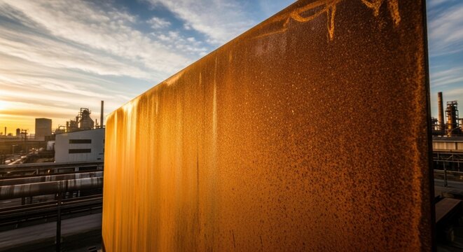 Cor Ten steel panel with a rich rusty patina and dramatic streaks against a cloudy sky.