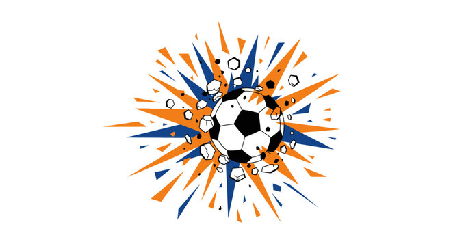 Dynamic soccer ball explosion with vibrant orange and blue abstract shapes.