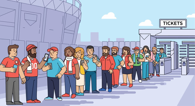 Diverse group of people queuing to enter a stadium for an event.