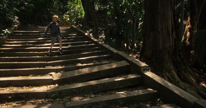 Little boy walking down old stone steps in Japanese forest