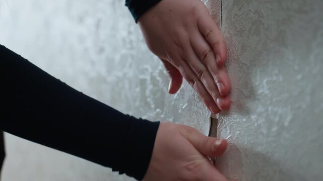 Homeowner peels wallpaper from wall, careful hands expose seam and damaged plaster in bright new apartment during moving project tactile closeup, natural daylight, planning for repair and decorating,