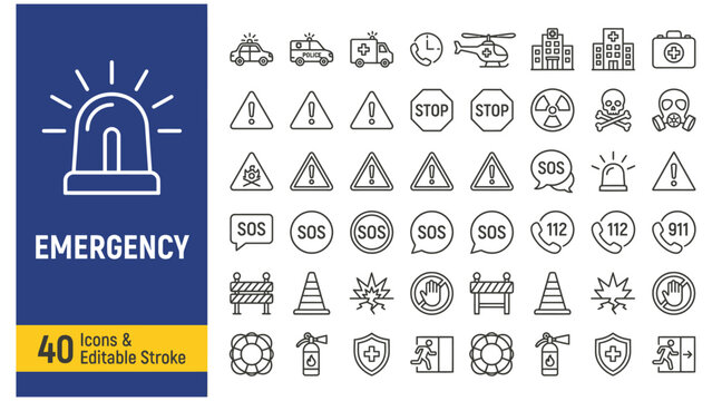 Emergency web icons in line style. Evacuation, SOS emergency call, ambulance, help, emergency hotline, exit, collection. Editable stroke.  Vector illustration.
