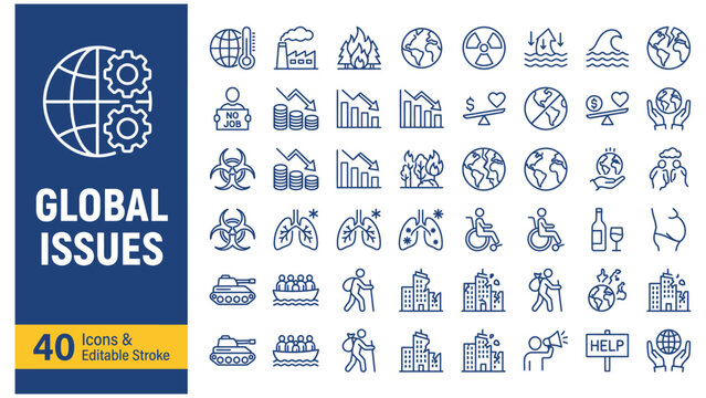 Global Issues web icons in line style. Сlimate change, warming, plastic pollution, inequality, deforestation, poverty, refugee, economic crisis, collection. Editable stroke. Vector illustration.
