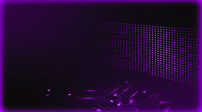 A dark purple to black gradient tech background featuring a sparse glowing dot matrix grid pattern of small square pixels arranged in a smooth curved formation on the right side.